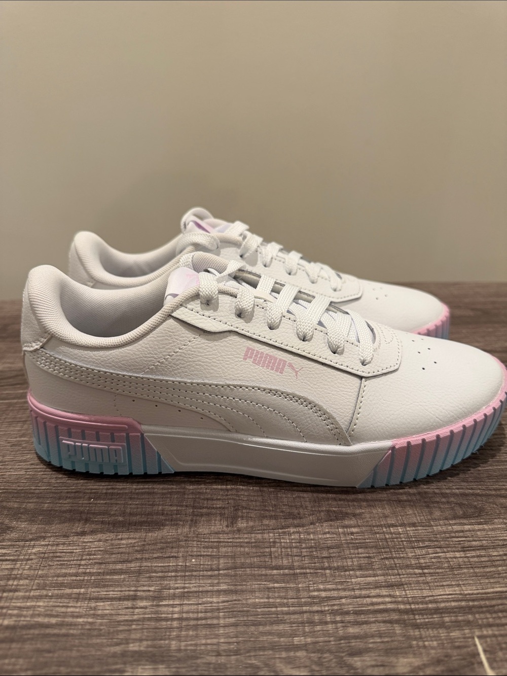 Puma White Low-Top Sneakers with Pink & Light Blue Sole